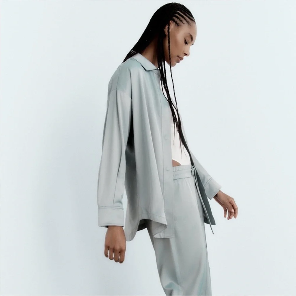 NWT Zara Oversized Satin Effect‎ Over-shirt in Sea Green Size M